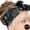 Person wearing a black headband with white patterns on a white background, featuring the brand 'LOKKSTOKK'.